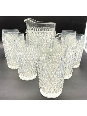 Vintage Indiana Glass Diamond Point Clear Pressed Glass Pitcher & 7 Tumbler Set